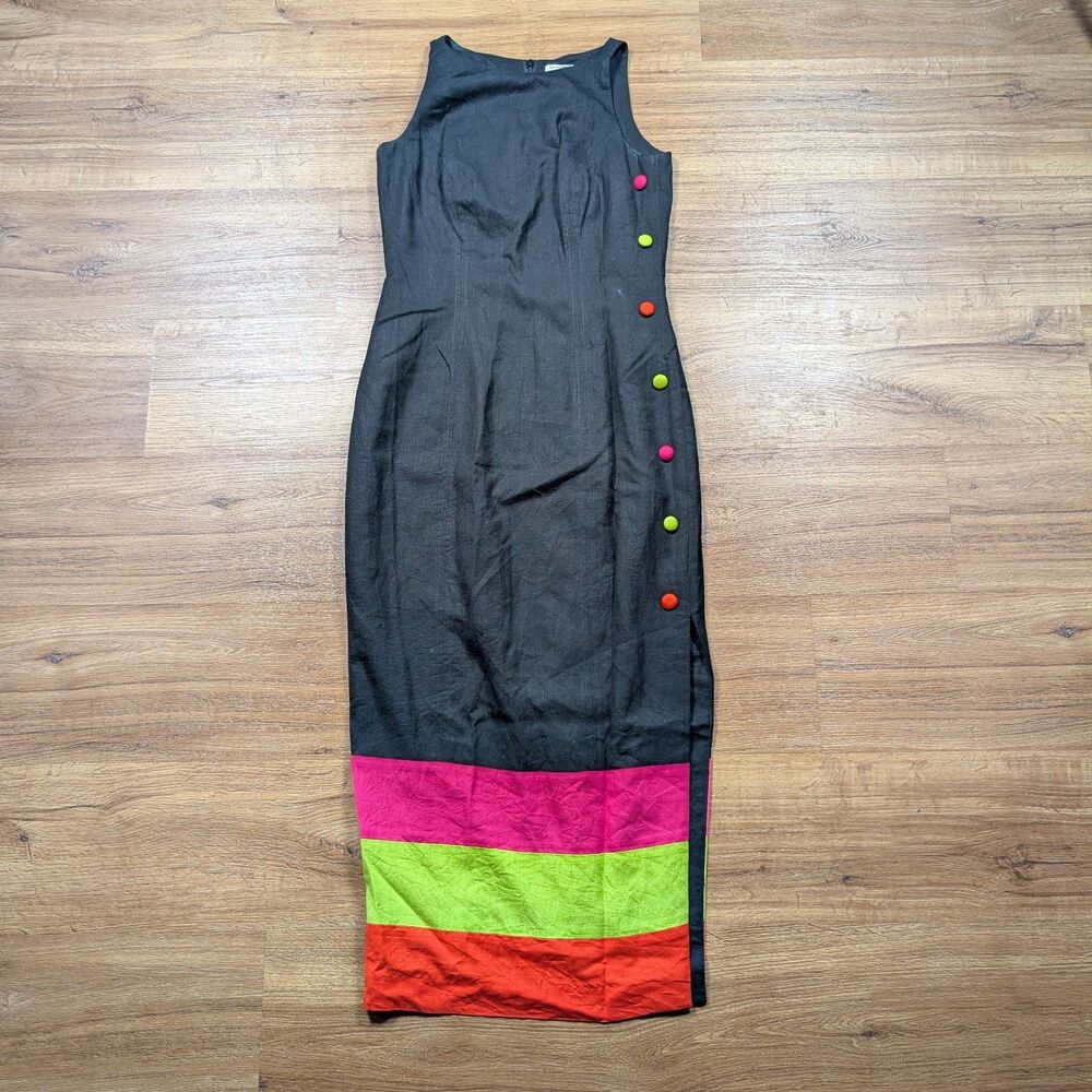 VTG Deborah Laws Long Maxi Retro Evening Dress Linen Lined 4 Black Colorblock